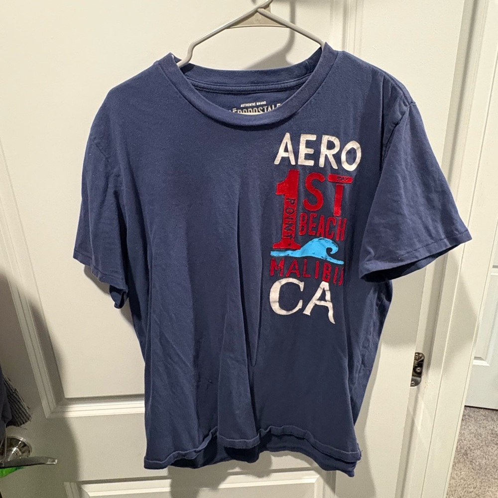 Aeropostale Navy Graphic Tee with Red and White Logo Patterned On Front Side